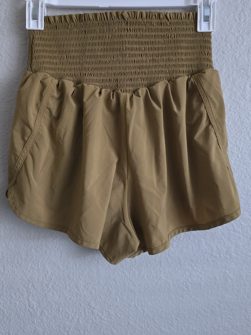 aerie Smocked High-Waist Athletic Shorts in Tan